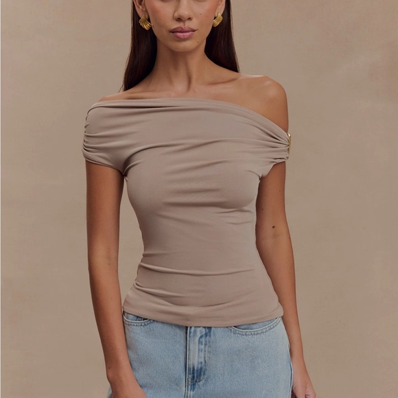 Meshki Tops - Meshki Kingsley Tan Fitted Asymmetrical Blouse